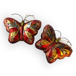 Set of two (2)  Blown Glass Butterfly Christmas Ornaments with Jeweled Eyes EUC